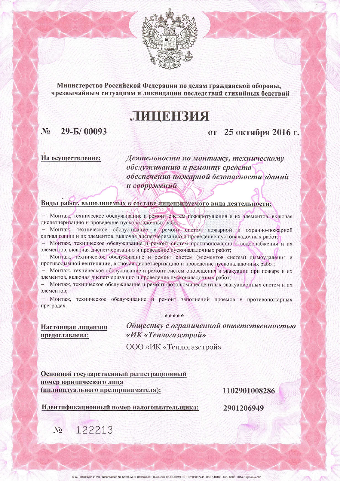 License for the implementation of activities for the installation, maintenance and repair of fire safety equipment for buildings and structures (front side)